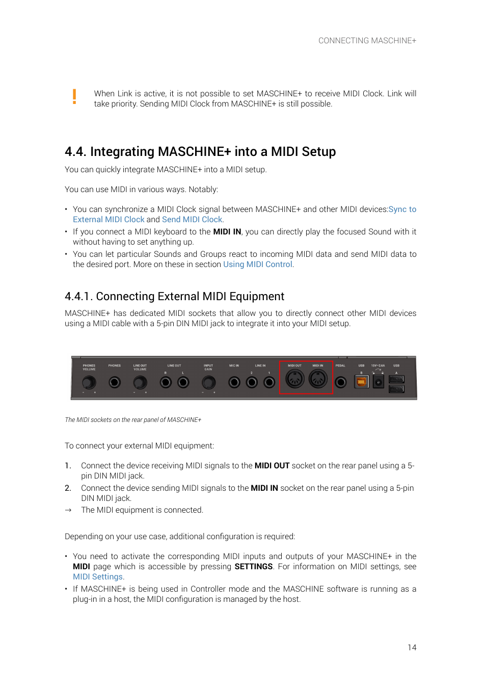 Integrating maschine+ into a midi setup, Connecting external midi equipment | Native Instruments MASCHINE+ Standalone Production and Performance Instrument User Manual | Page 21 / 215