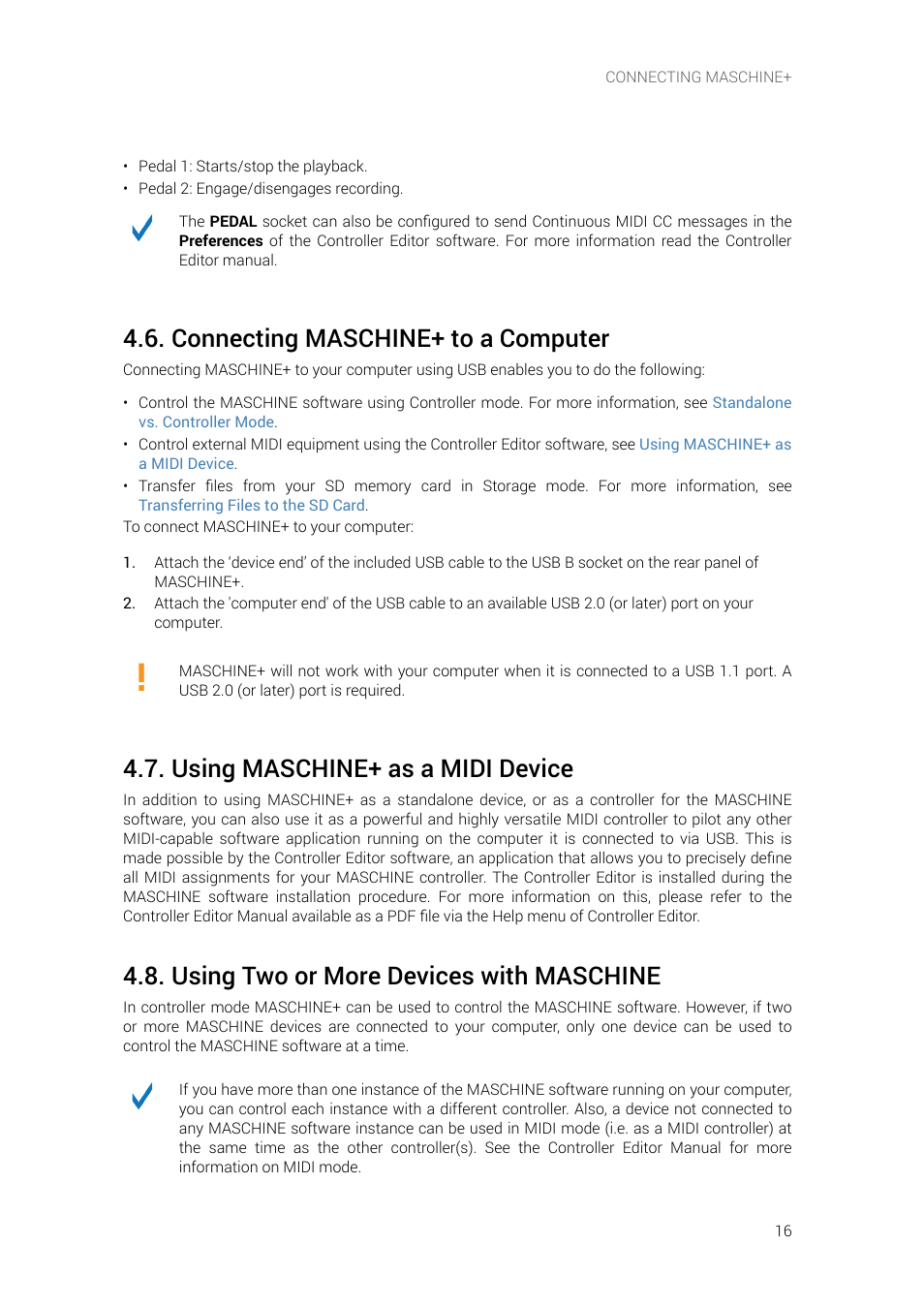 Connecting maschine+ to a computer, Using maschine+ as a midi device, Using two or more devices with maschine | Native Instruments MASCHINE+ Standalone Production and Performance Instrument User Manual | Page 23 / 215