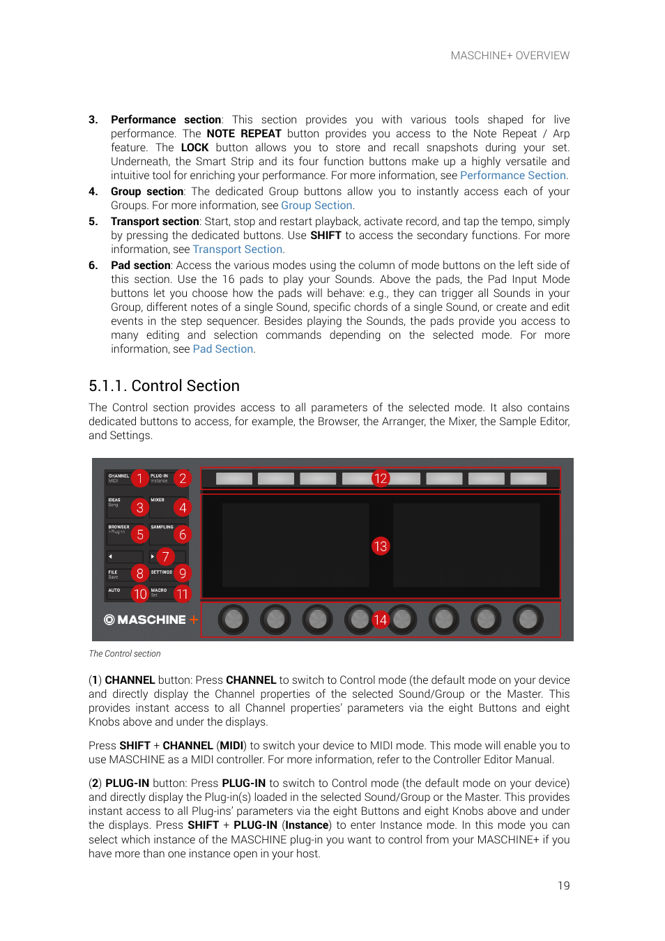 Control section, E information, see | Native Instruments MASCHINE+ Standalone Production and Performance Instrument User Manual | Page 26 / 215