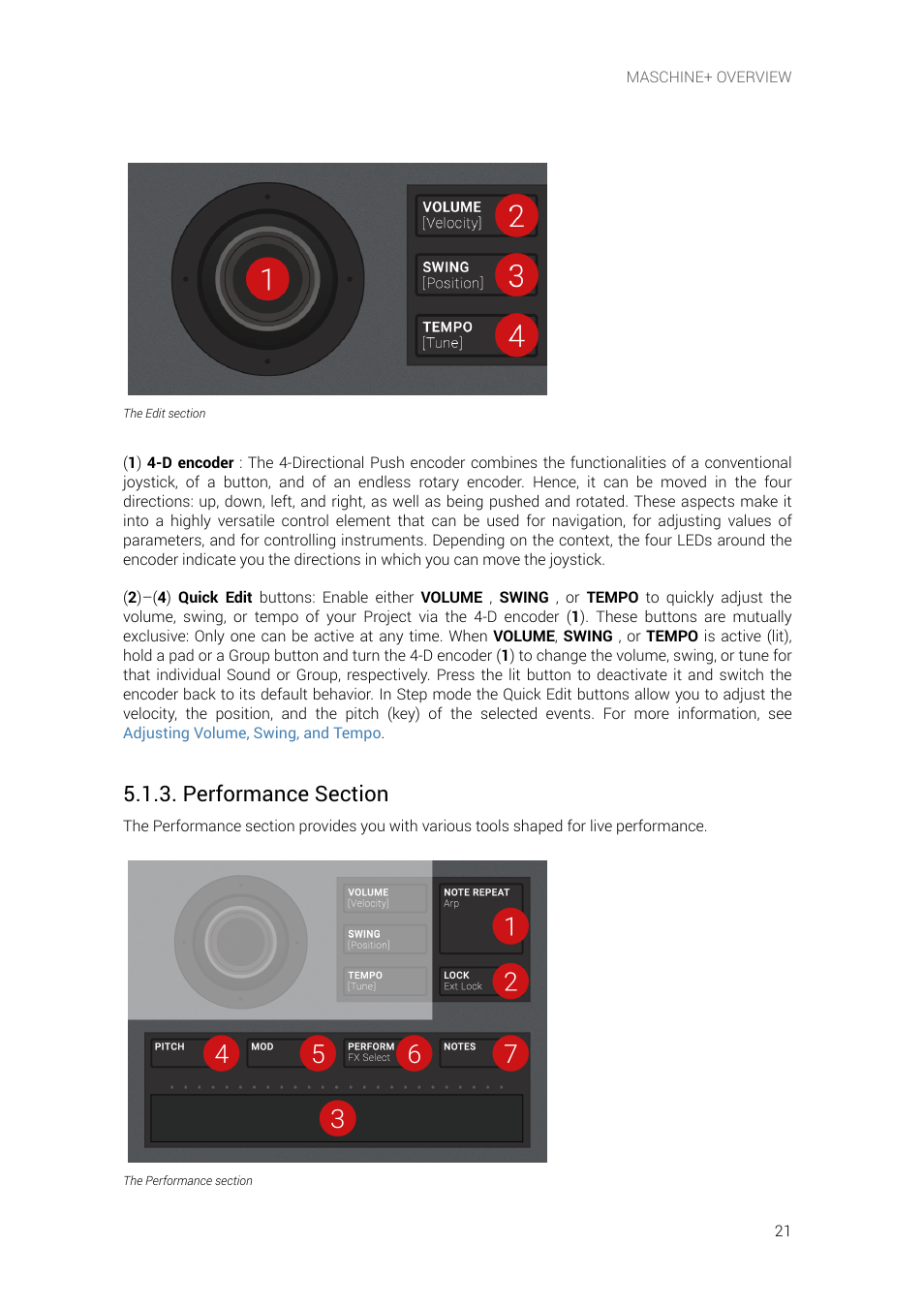 Performance section, E information, see | Native Instruments MASCHINE+ Standalone Production and Performance Instrument User Manual | Page 28 / 215