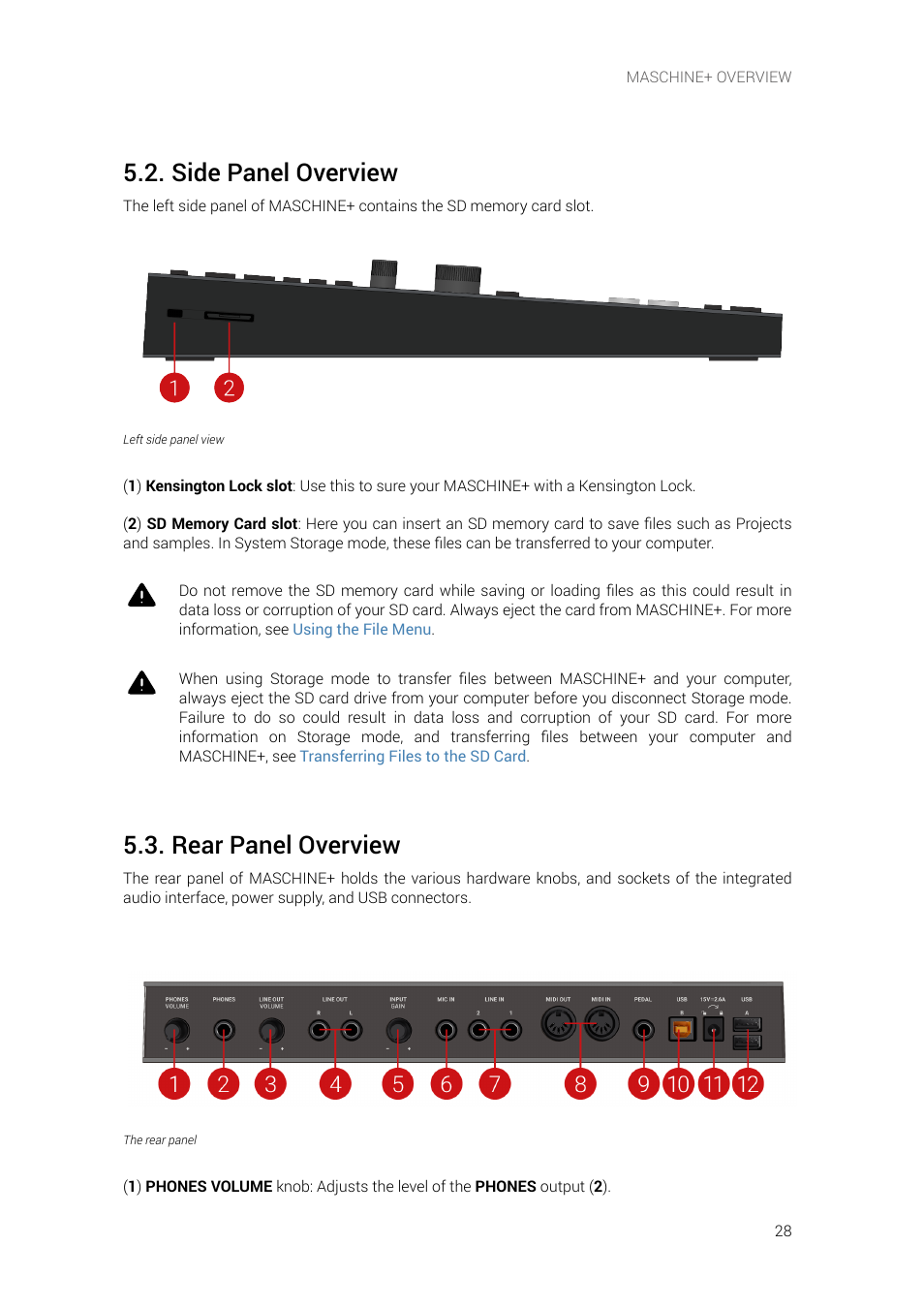 Side panel overview, Rear panel overview | Native Instruments MASCHINE+ Standalone Production and Performance Instrument User Manual | Page 35 / 215