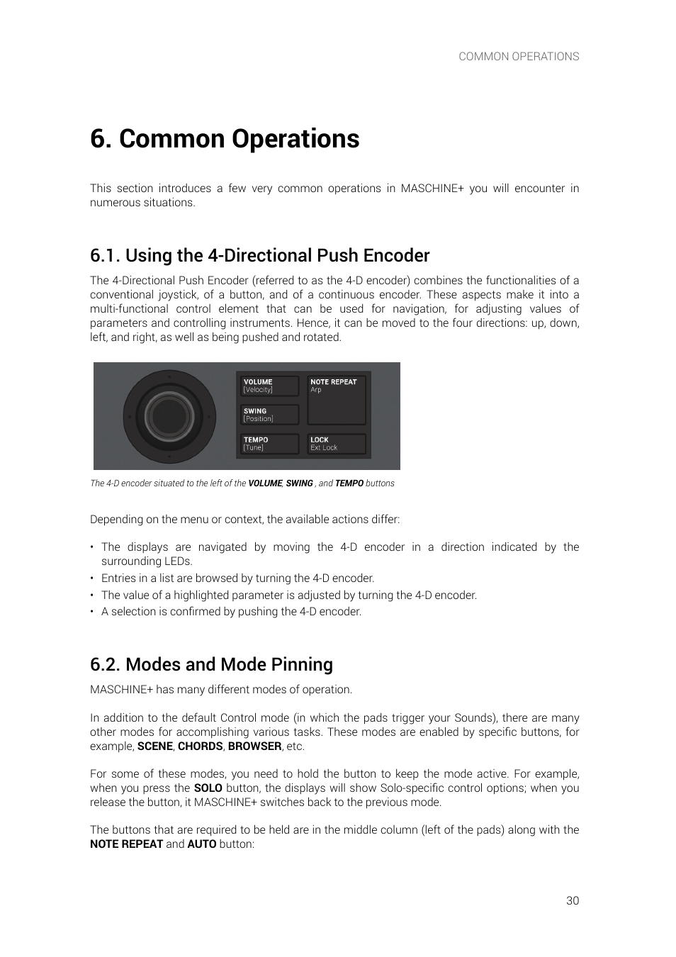 Common operations, Using the 4-directional push encoder, Modes and mode pinning | Native Instruments MASCHINE+ Standalone Production and Performance Instrument User Manual | Page 37 / 215