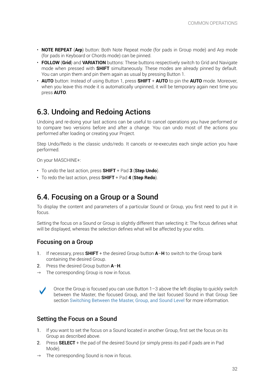 Undoing and redoing actions, Focusing on a group or a sound, Focusing on a group | Setting the focus on a sound | Native Instruments MASCHINE+ Standalone Production and Performance Instrument User Manual | Page 39 / 215