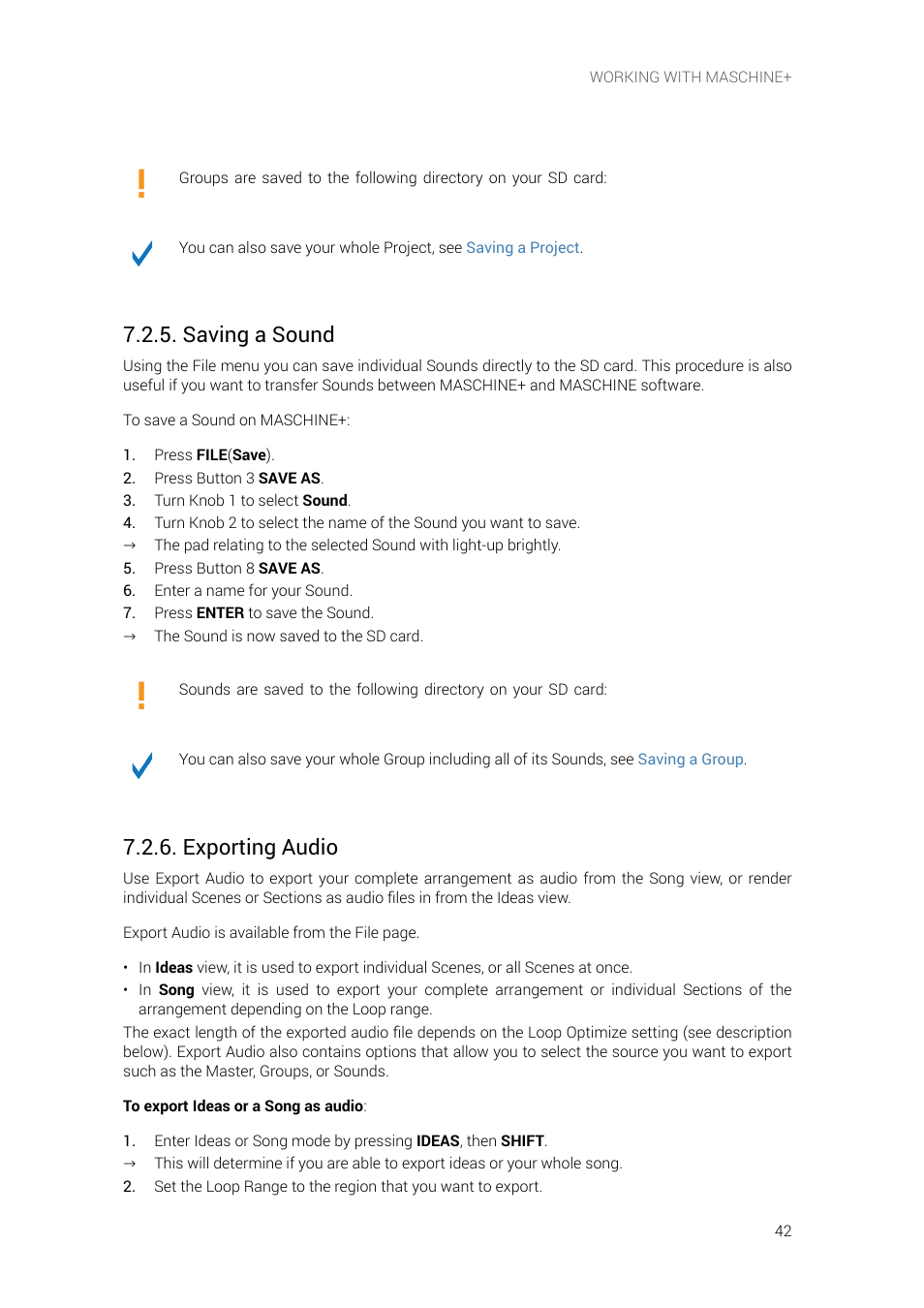 Saving a sound, Exporting audio | Native Instruments MASCHINE+ Standalone Production and Performance Instrument User Manual | Page 49 / 215