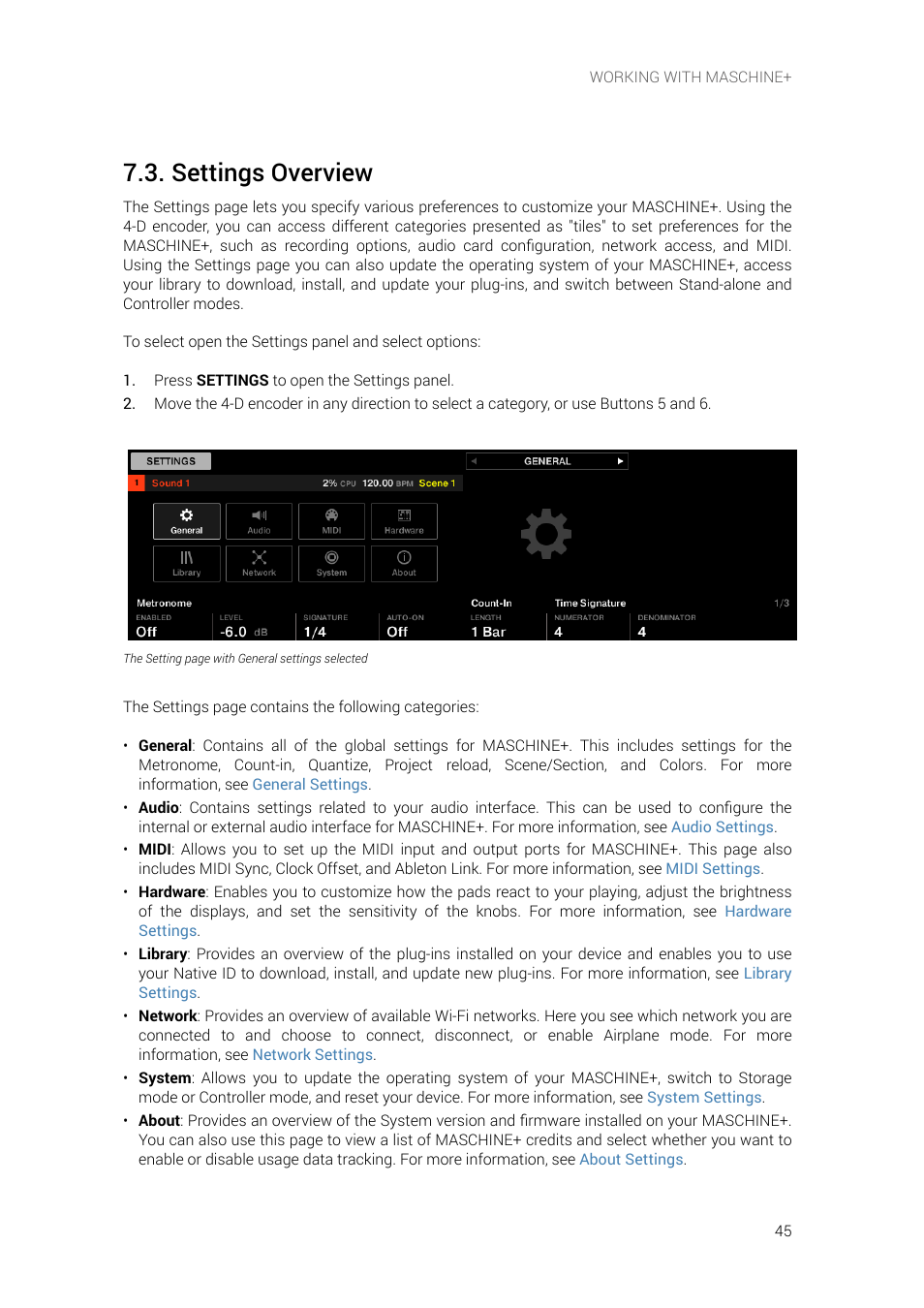 Settings overview | Native Instruments MASCHINE+ Standalone Production and Performance Instrument User Manual | Page 52 / 215