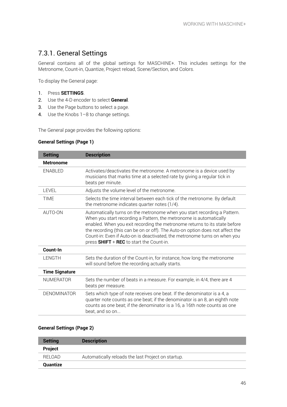 General settings | Native Instruments MASCHINE+ Standalone Production and Performance Instrument User Manual | Page 53 / 215