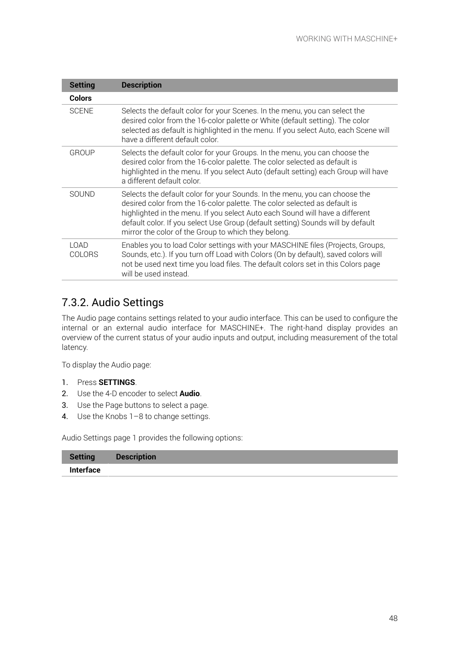 Audio settings, E information, see | Native Instruments MASCHINE+ Standalone Production and Performance Instrument User Manual | Page 55 / 215