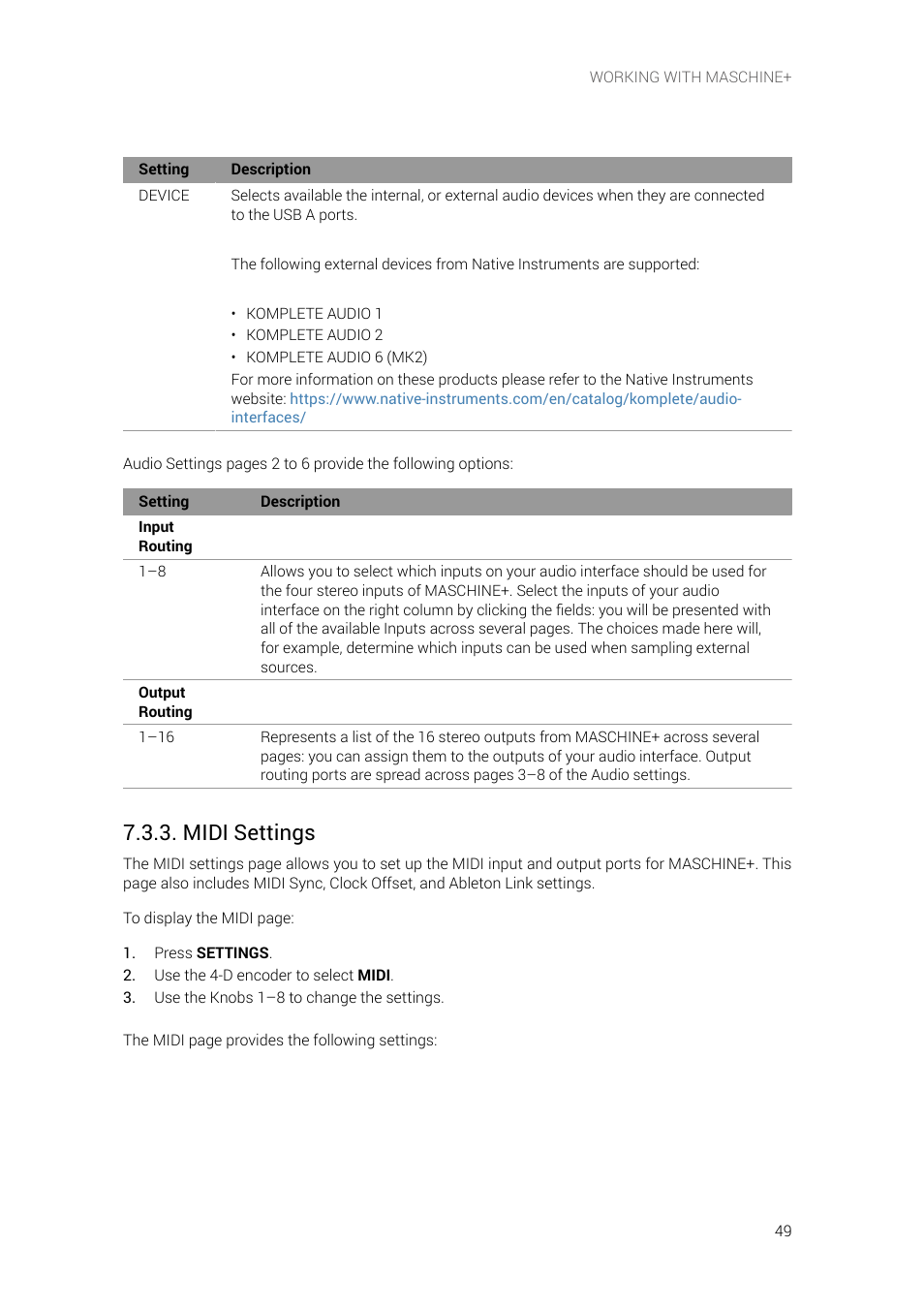 Midi settings, E information, see | Native Instruments MASCHINE+ Standalone Production and Performance Instrument User Manual | Page 56 / 215