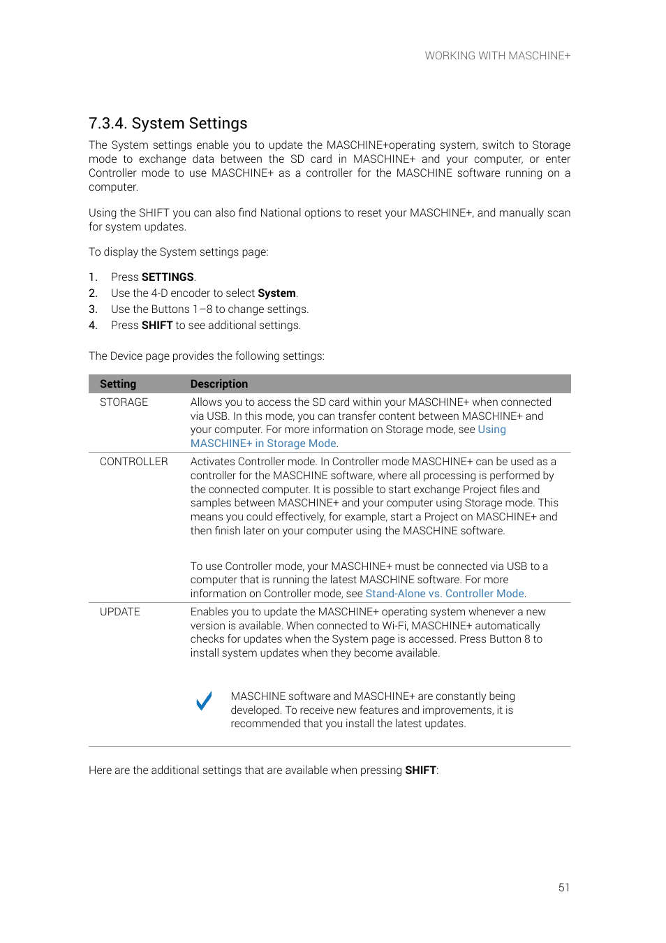 System settings, E information, see | Native Instruments MASCHINE+ Standalone Production and Performance Instrument User Manual | Page 58 / 215