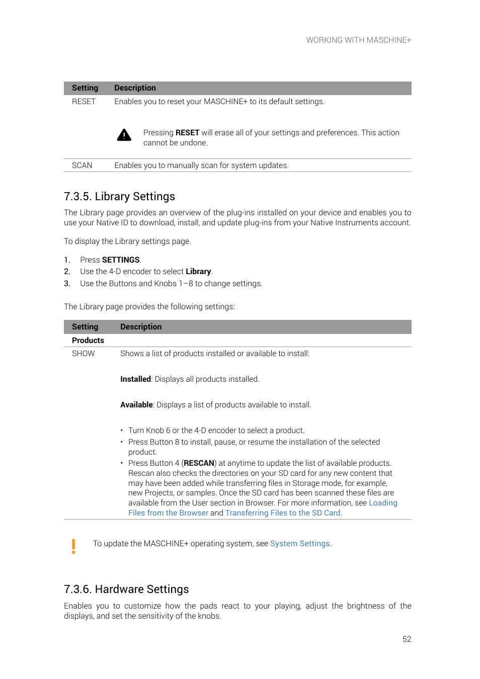 Library settings, Hardware settings, Hardware | Settings, Library | Native Instruments MASCHINE+ Standalone Production and Performance Instrument User Manual | Page 59 / 215