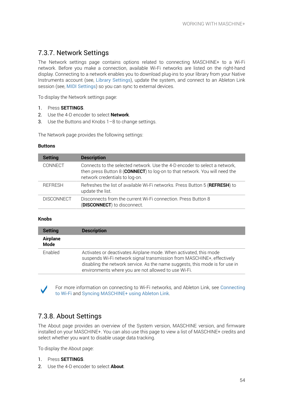 Network settings, About settings, E information, see | Native Instruments MASCHINE+ Standalone Production and Performance Instrument User Manual | Page 61 / 215