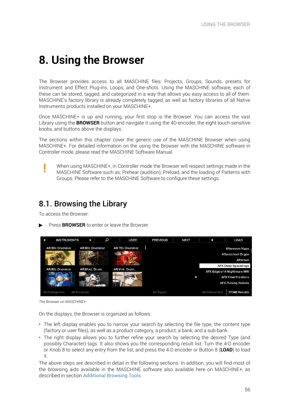 Using the browser, Browsing the library | Native Instruments MASCHINE+ Standalone Production and Performance Instrument User Manual | Page 63 / 215
