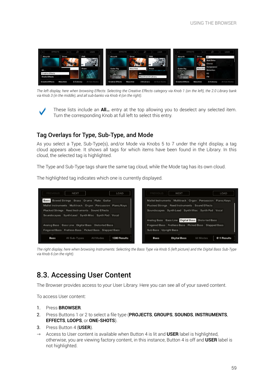 Accessing user content, Tag overlays for type, sub-type, and mode | Native Instruments MASCHINE+ Standalone Production and Performance Instrument User Manual | Page 66 / 215