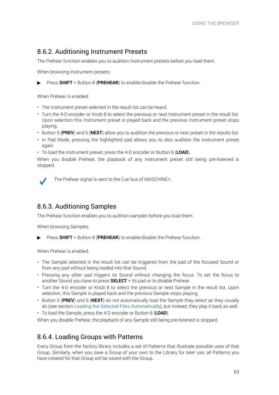 Auditioning instrument presets, Auditioning samples, Loading groups with patterns | Native Instruments MASCHINE+ Standalone Production and Performance Instrument User Manual | Page 70 / 215