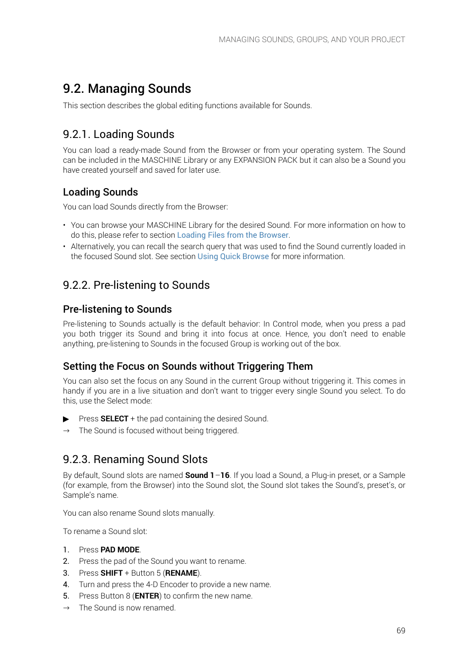 Managing sounds, Loading sounds, Pre-listening to sounds | Renaming sound slots | Native Instruments MASCHINE+ Standalone Production and Performance Instrument User Manual | Page 76 / 215