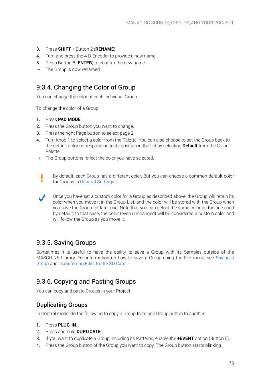 Changing the color of group, Saving groups, Copying and pasting groups | Duplicating groups | Native Instruments MASCHINE+ Standalone Production and Performance Instrument User Manual | Page 80 / 215