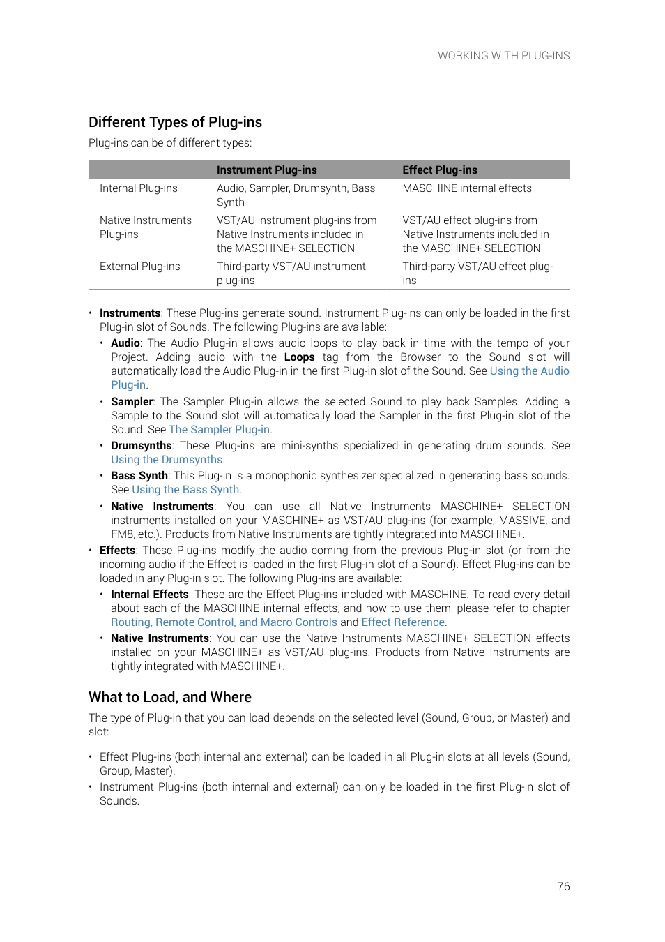 Different types of plug-ins, What to load, and where | Native Instruments MASCHINE+ Standalone Production and Performance Instrument User Manual | Page 83 / 215