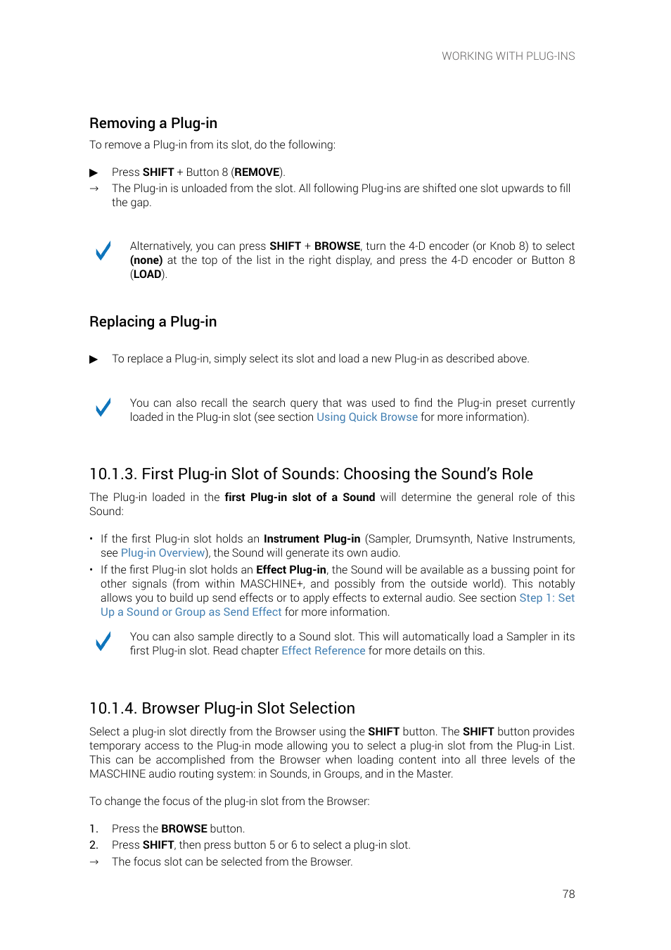 Browser plug-in slot selection, Removing a plug-in, Replacing a plug-in | Native Instruments MASCHINE+ Standalone Production and Performance Instrument User Manual | Page 85 / 215