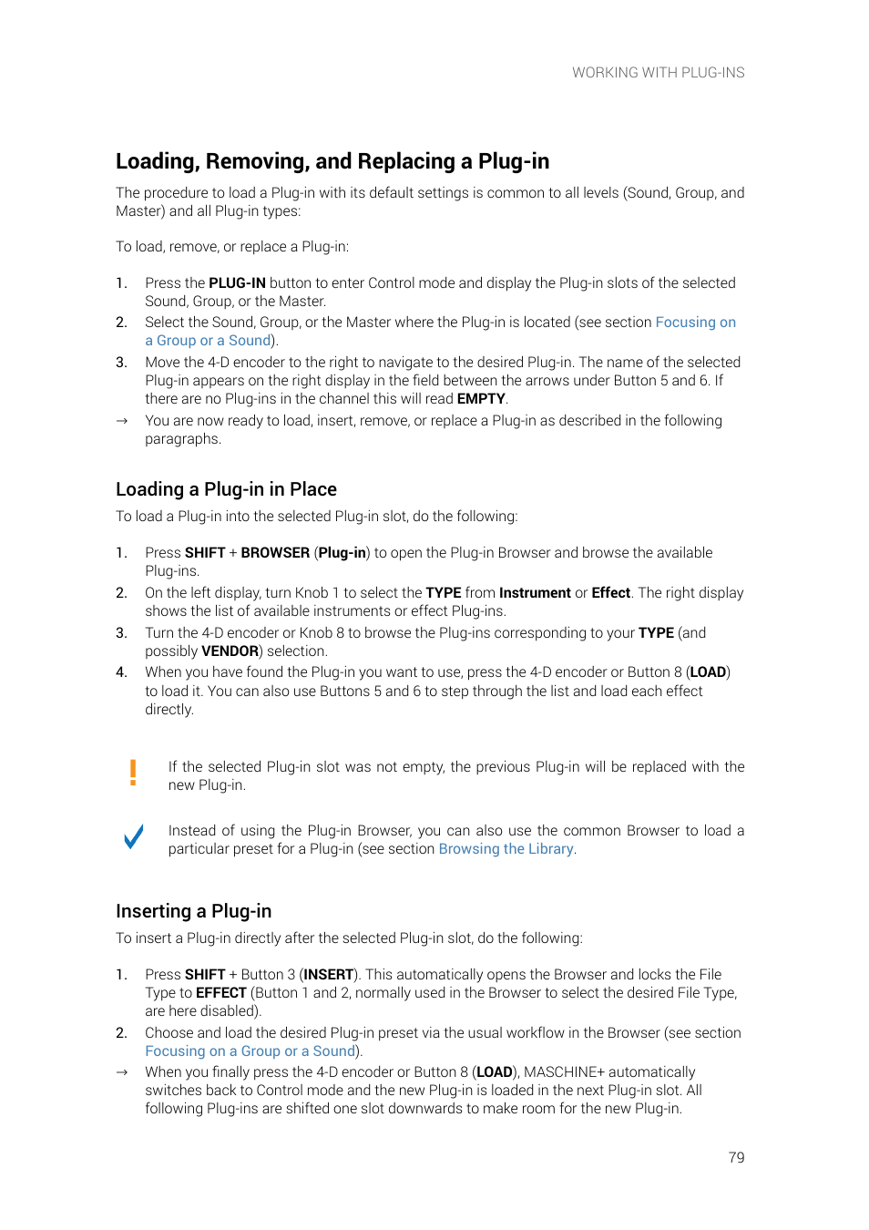Loading, removing, and replacing a plug-in, Loading a plug-in in place, Inserting a plug-in | Native Instruments MASCHINE+ Standalone Production and Performance Instrument User Manual | Page 86 / 215