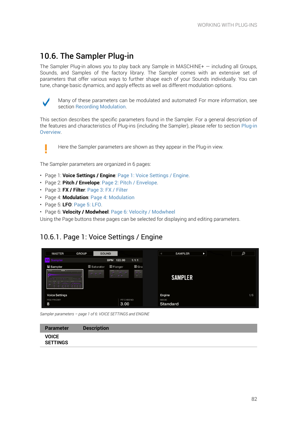 The sampler plug-in, Sound. see, Page 1: voice settings / engine | Native Instruments MASCHINE+ Standalone Production and Performance Instrument User Manual | Page 89 / 215