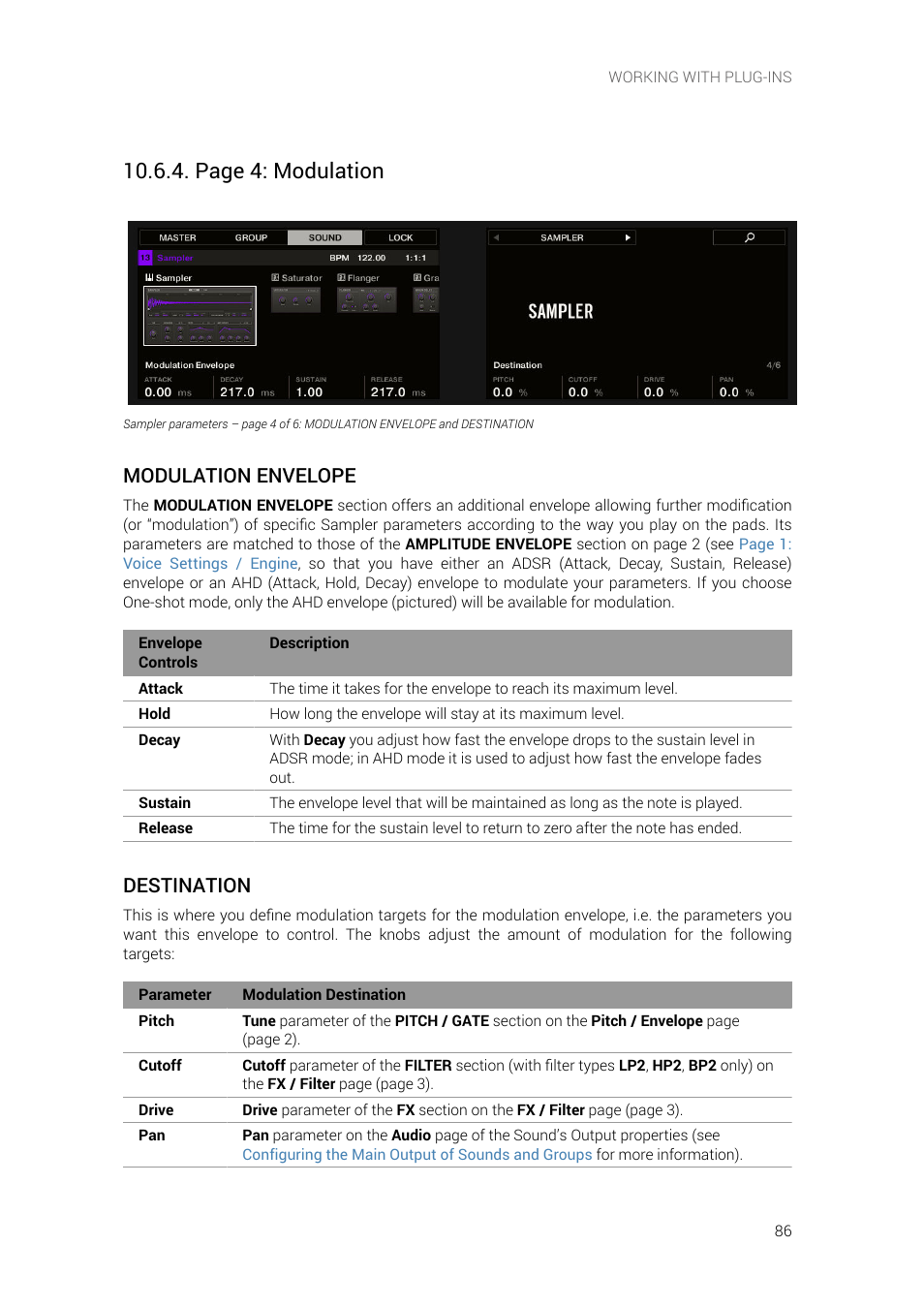 Page 4: modulation, Modulation envelope, Destination | Native Instruments MASCHINE+ Standalone Production and Performance Instrument User Manual | Page 93 / 215