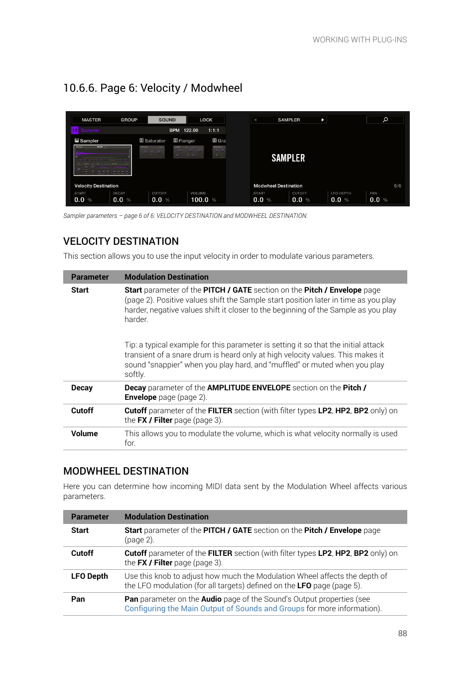 Page 6: velocity / modwheel, Velocity destination, Modwheel destination | Native Instruments MASCHINE+ Standalone Production and Performance Instrument User Manual | Page 95 / 215