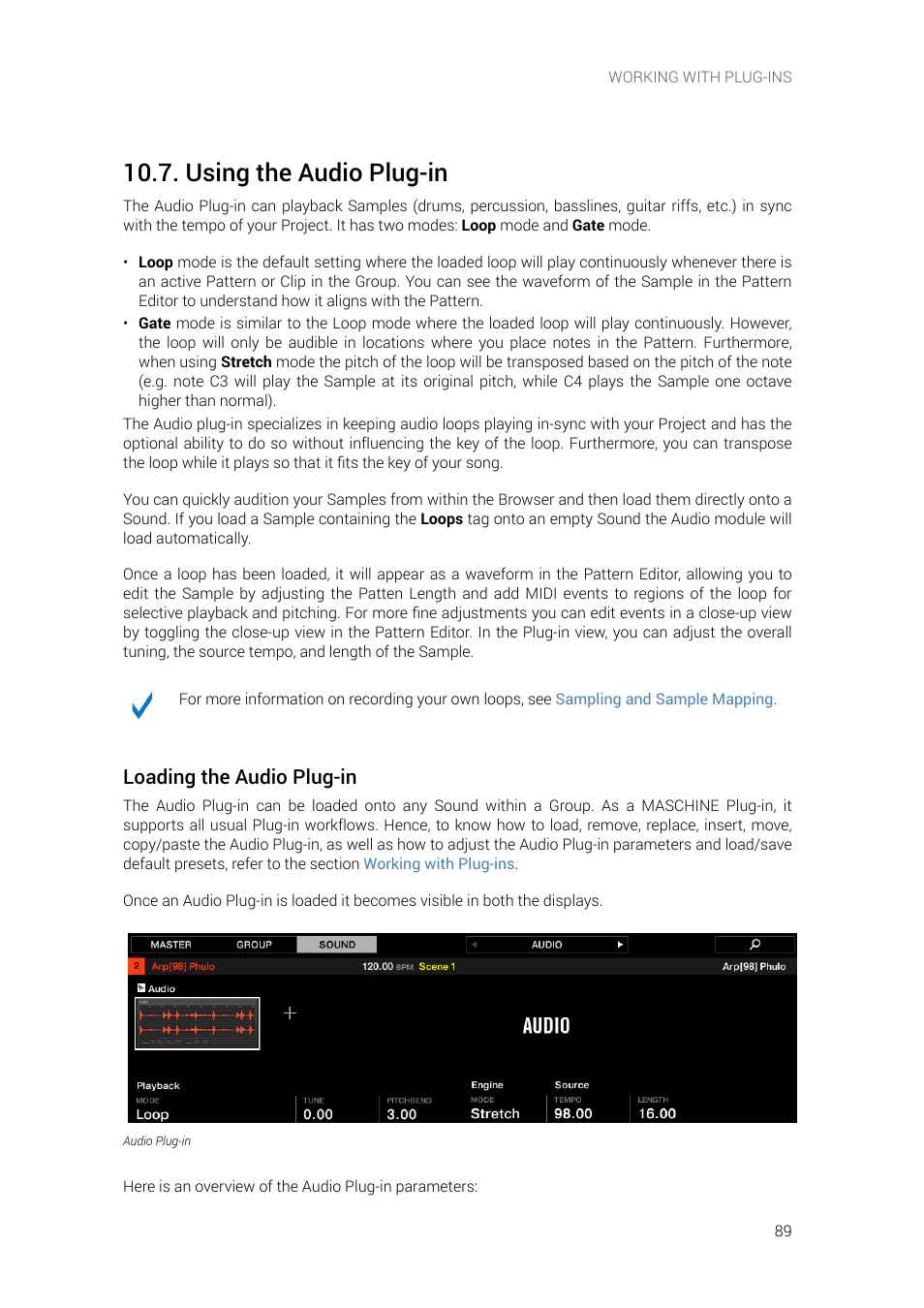 Using the audio plug-in, Using the audio, Plug-in | Loading the audio plug-in | Native Instruments MASCHINE+ Standalone Production and Performance Instrument User Manual | Page 96 / 215