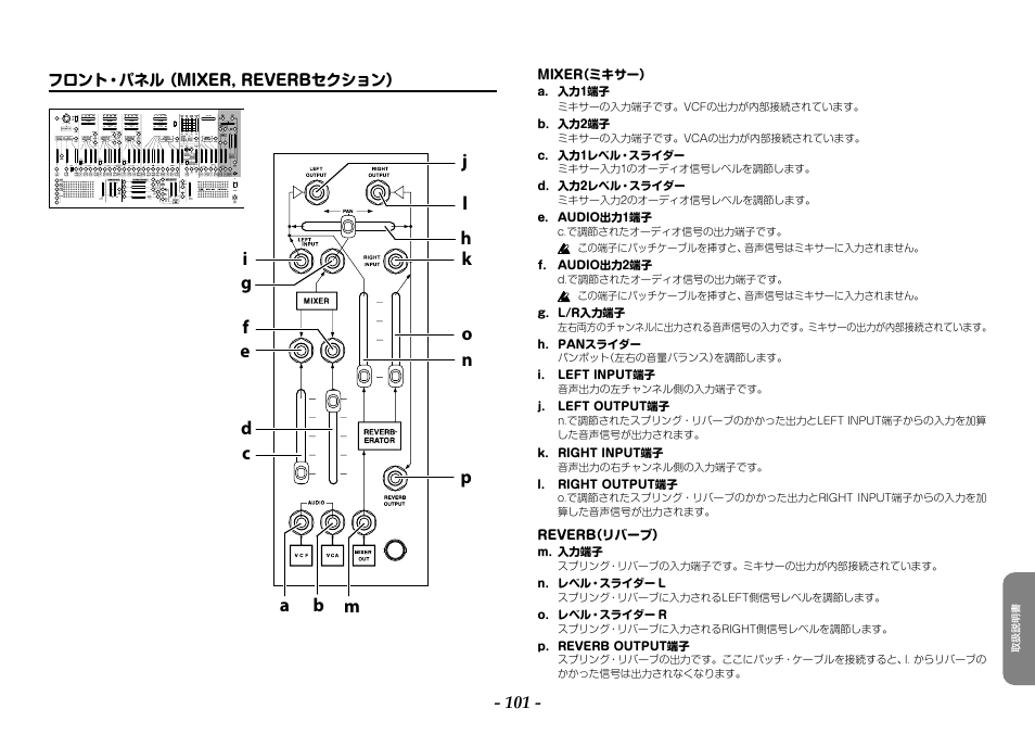 フロント・パネル （mixer, reverbセクション | KORG ARP 2600 M Analog Synthesizer Module with Carrying Case User Manual | Page 101 / 116
