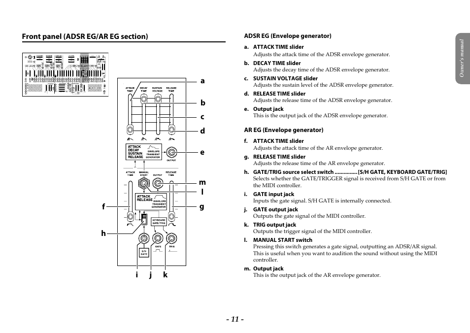 Front panel (adsr eg/ar eg section) | KORG ARP 2600 M Analog Synthesizer Module with Carrying Case User Manual | Page 11 / 116