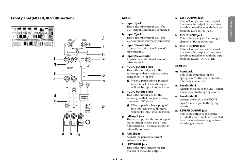 Front panel (mixer, reverb section) | KORG ARP 2600 M Analog Synthesizer Module with Carrying Case User Manual | Page 13 / 116