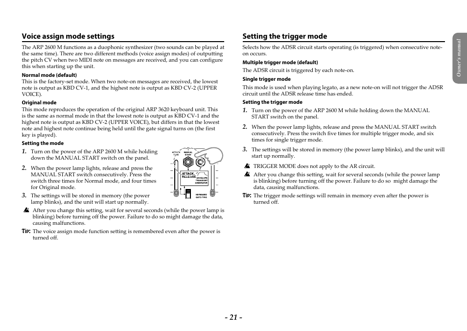 Voice assign mode settings, Setting the trigger mode | KORG ARP 2600 M Analog Synthesizer Module with Carrying Case User Manual | Page 21 / 116