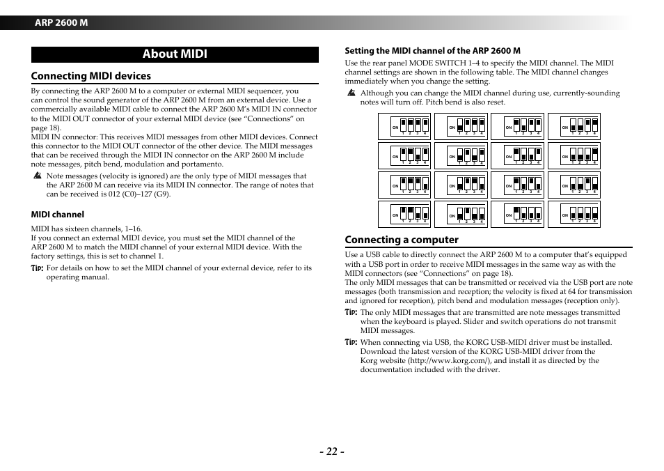About midi, Connecting midi devices, Connecting a computer | Connecting midi devices connecting a computer, Arp 2600 m, Midi channel, Setting the midi channel of the arp 2600 m | KORG ARP 2600 M Analog Synthesizer Module with Carrying Case User Manual | Page 22 / 116