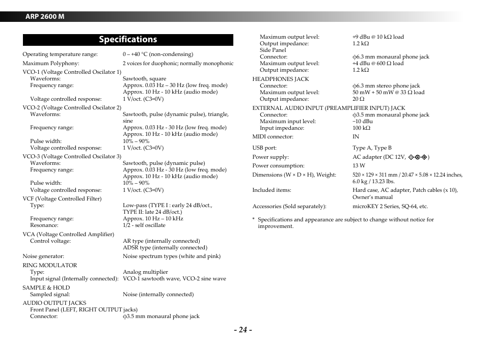 Specifications, Arp 2600 m | KORG ARP 2600 M Analog Synthesizer Module with Carrying Case User Manual | Page 24 / 116