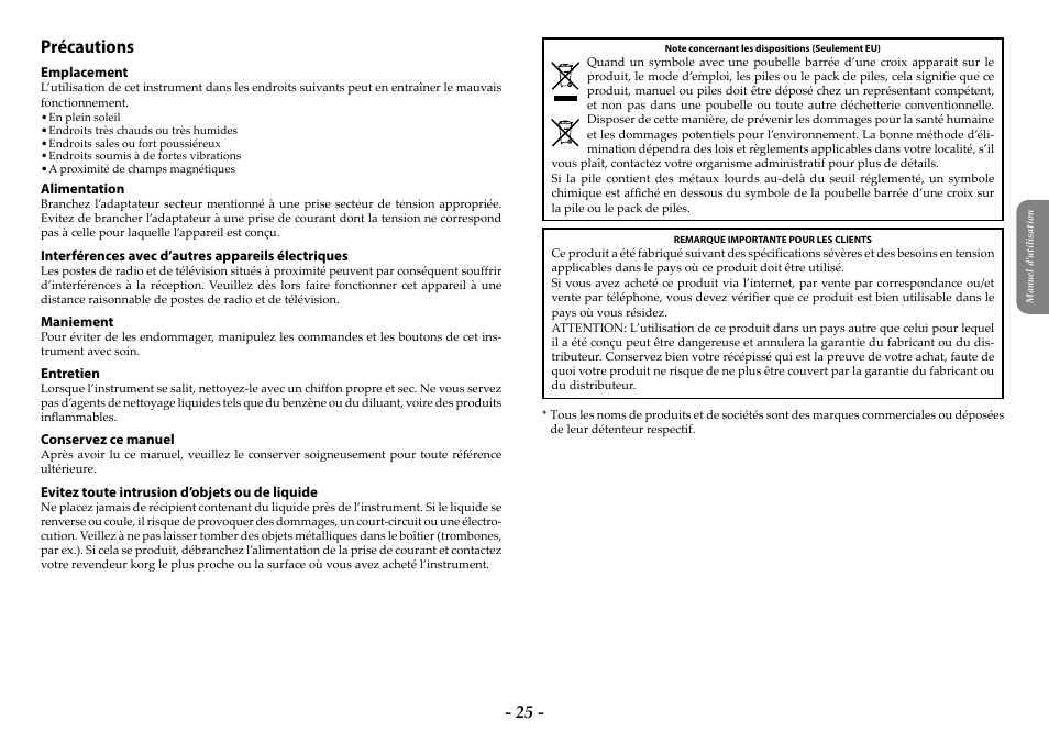 Français, Manuel d’utilisation, Précautions | KORG ARP 2600 M Analog Synthesizer Module with Carrying Case User Manual | Page 25 / 116