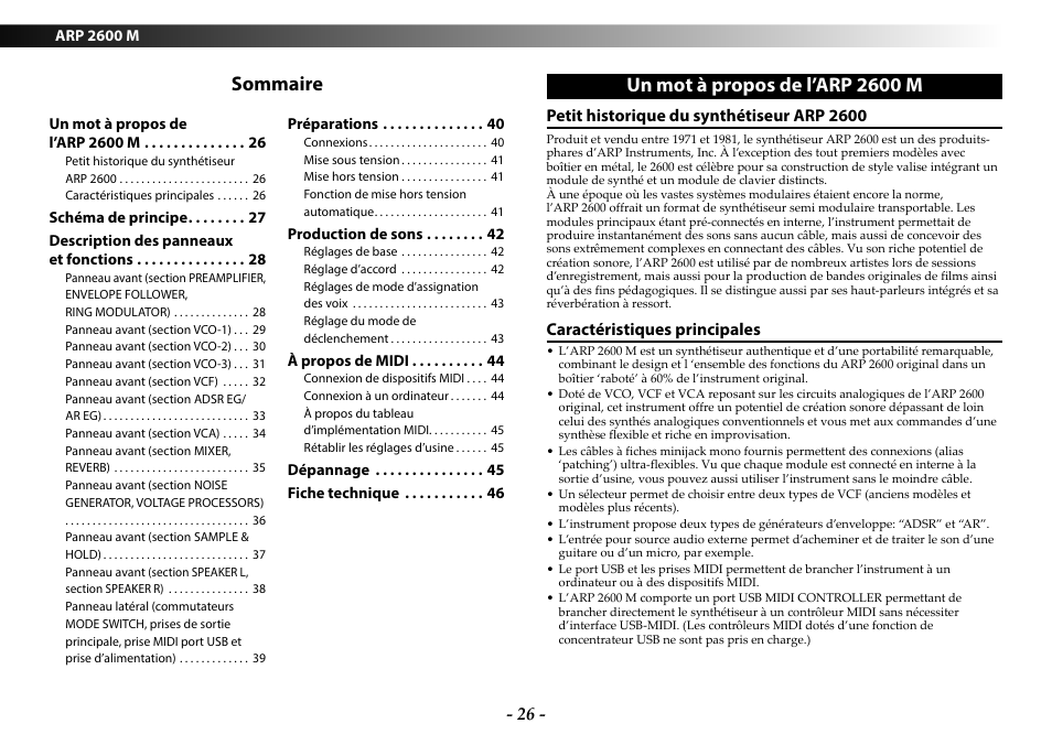 Sommaire, Un mot à propos de l’arp 2600 m, Petit historique du synthétiseur arp 2600 | Caractéristiques principales | KORG ARP 2600 M Analog Synthesizer Module with Carrying Case User Manual | Page 26 / 116