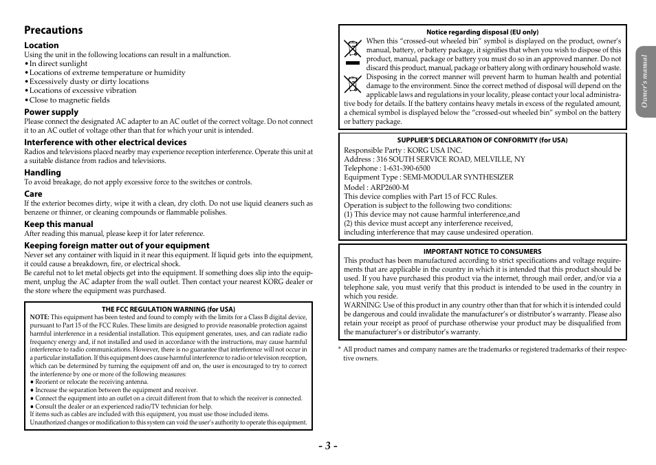 English, Owner’s manual, Precautions | KORG ARP 2600 M Analog Synthesizer Module with Carrying Case User Manual | Page 3 / 116