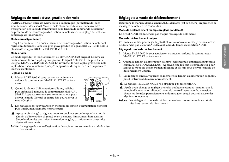 Réglages de mode d’assignation des voix, Réglage du mode de déclenchement | KORG ARP 2600 M Analog Synthesizer Module with Carrying Case User Manual | Page 43 / 116