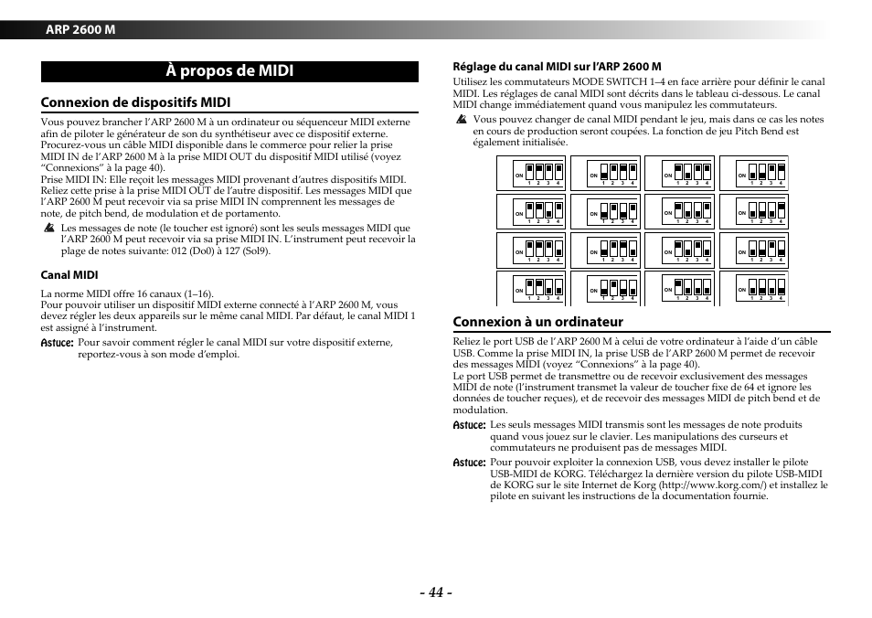 À propos de midi, Connexion de dispositifs midi, Connexion à un ordinateur | Arp 2600 m, Canal midi, Réglage du canal midi sur l’arp 2600 m | KORG ARP 2600 M Analog Synthesizer Module with Carrying Case User Manual | Page 44 / 116