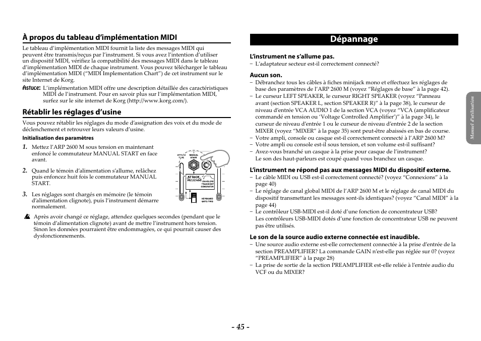 À propos du tableau d’implémentation midi, Rétablir les réglages d’usine, Dépannage | KORG ARP 2600 M Analog Synthesizer Module with Carrying Case User Manual | Page 45 / 116