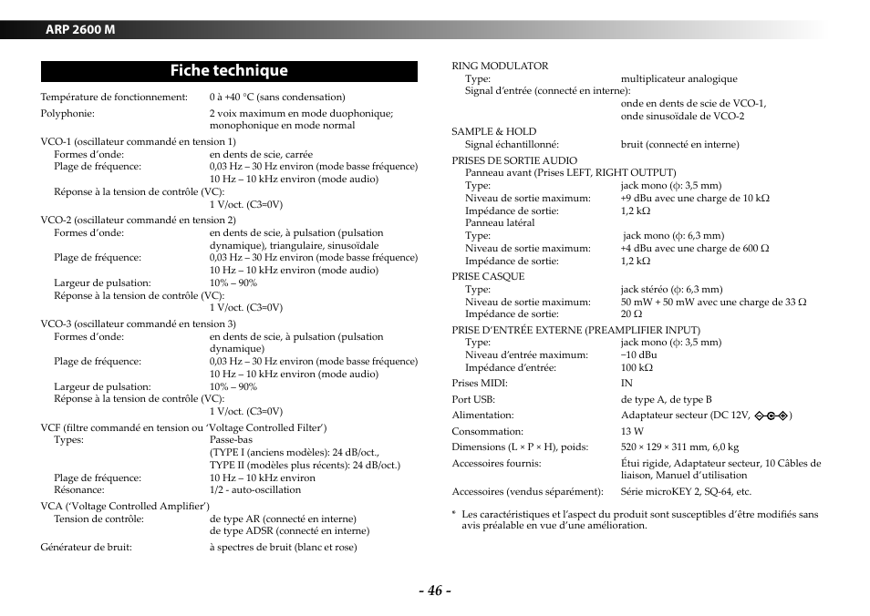 Fiche technique, Arp 2600 m | KORG ARP 2600 M Analog Synthesizer Module with Carrying Case User Manual | Page 46 / 116