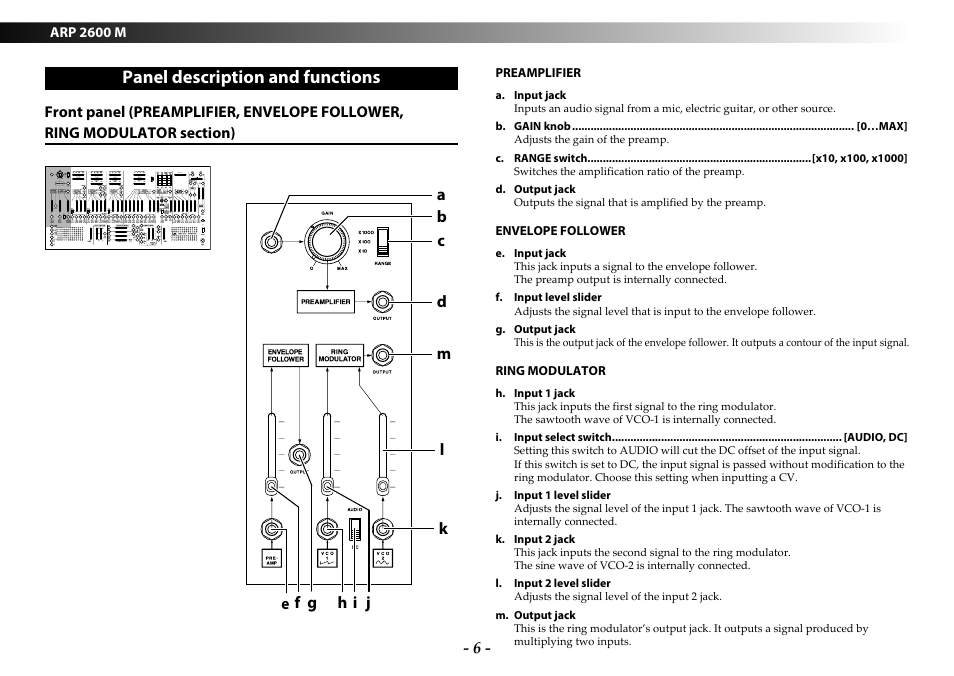 Panel description and functions, Panel description and, Functions | KORG ARP 2600 M Analog Synthesizer Module with Carrying Case User Manual | Page 6 / 116