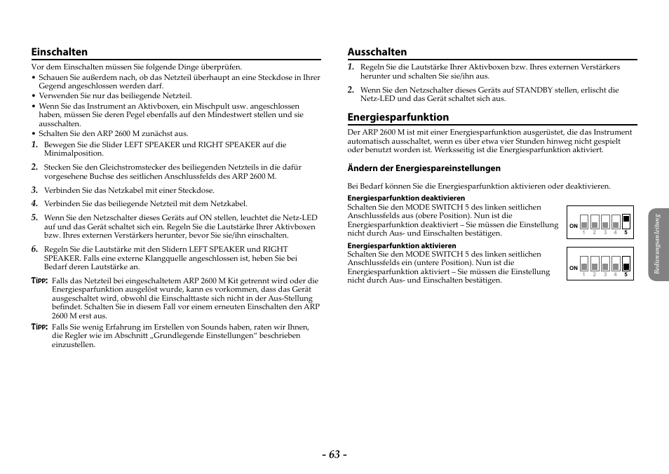 Einschalten, Ausschalten, Energiesparfunktion | Einschalten ausschalten energiesparfunktion | KORG ARP 2600 M Analog Synthesizer Module with Carrying Case User Manual | Page 63 / 116