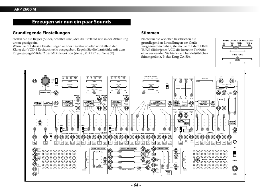 Erzeugen wir nun ein paar sounds, Grundlegende einstellungen, Stimmen | Erzeugen wir nun ein paar, Sounds, Grundlegende einstellungen stimmen | KORG ARP 2600 M Analog Synthesizer Module with Carrying Case User Manual | Page 64 / 116