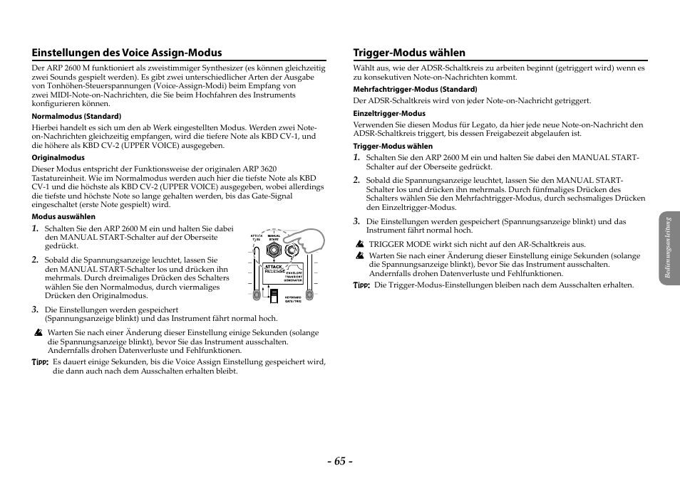 Einstellungen des voice assign-modus, Trigger-modus wählen | KORG ARP 2600 M Analog Synthesizer Module with Carrying Case User Manual | Page 65 / 116