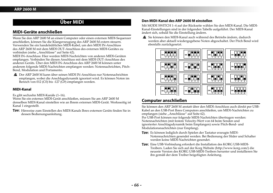 Über midi, Midi-geräte anschließen, Computer anschließen | Midi-geräte anschließen computer anschließen, Arp 2600 m, Midi-kanal, Den midi-kanal des arp 2600 m einstellen | KORG ARP 2600 M Analog Synthesizer Module with Carrying Case User Manual | Page 66 / 116