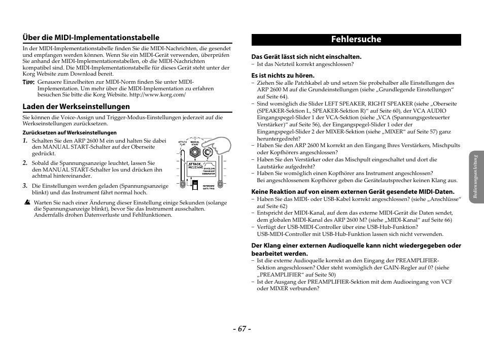 Über die midi-implementationstabelle, Laden der werkseinstellungen, Fehlersuche | KORG ARP 2600 M Analog Synthesizer Module with Carrying Case User Manual | Page 67 / 116