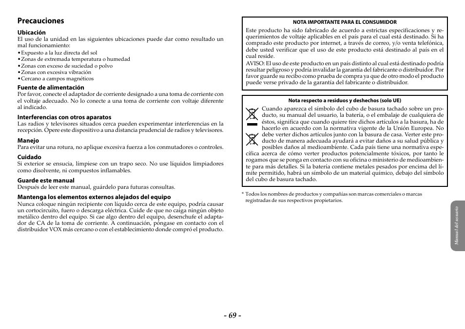 Español, Manual del usuario, Precauciones | KORG ARP 2600 M Analog Synthesizer Module with Carrying Case User Manual | Page 69 / 116