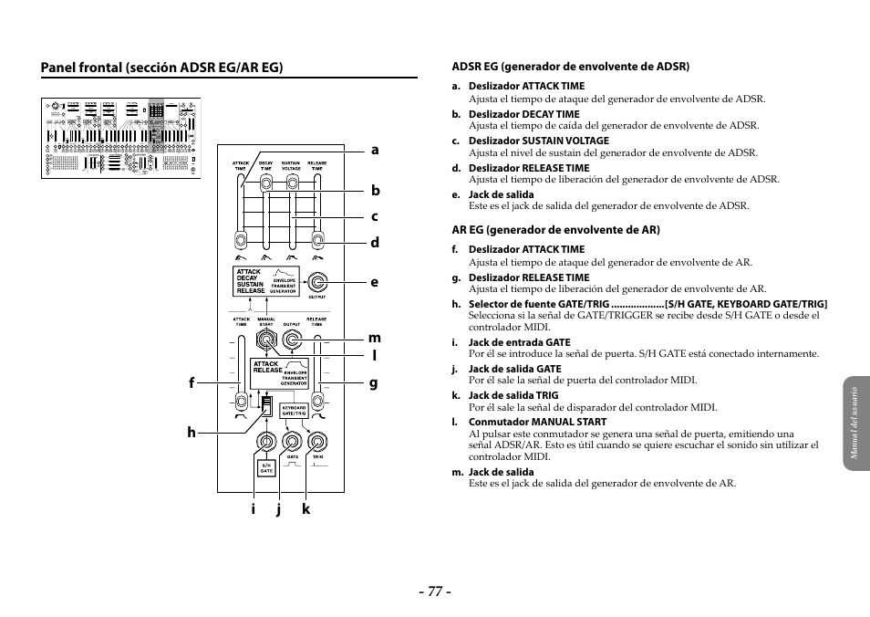 Panel frontal (sección adsr eg/ar eg), Panel frontal (sección adsr eg/ ar eg) | KORG ARP 2600 M Analog Synthesizer Module with Carrying Case User Manual | Page 77 / 116