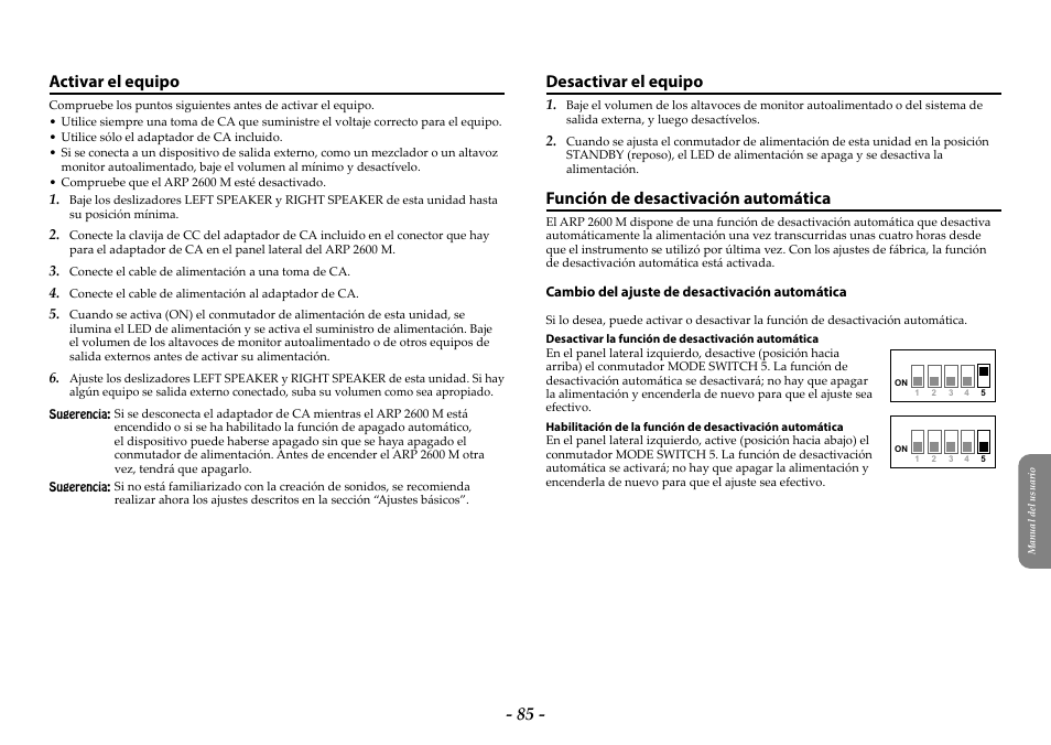 Activar el equipo, Desactivar el equipo, Función de desactivación automática | KORG ARP 2600 M Analog Synthesizer Module with Carrying Case User Manual | Page 85 / 116