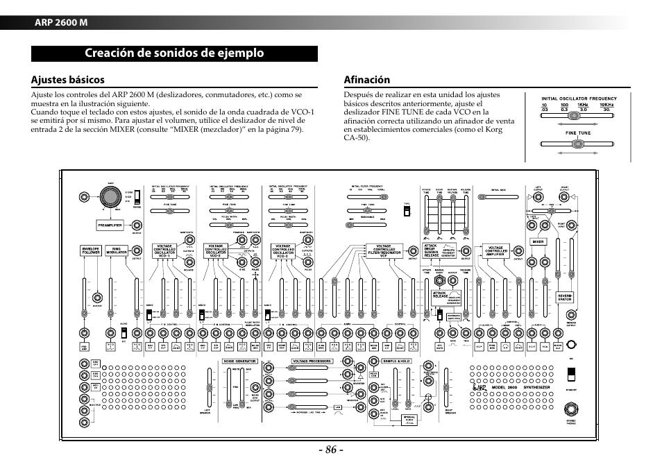 Creación de sonidos de ejemplo, Ajustes básicos, Afinación | Creación de sonidos de, Ejemplo, Ajustes básicos afinación | KORG ARP 2600 M Analog Synthesizer Module with Carrying Case User Manual | Page 86 / 116